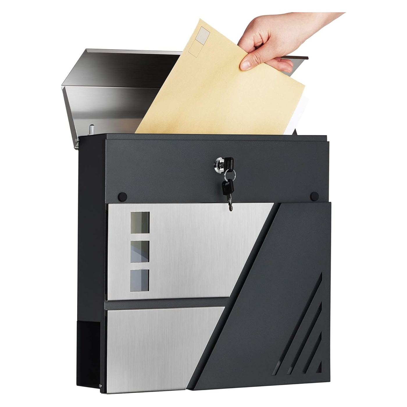 SONGMICS Kültéri postaláda, kerítésre vagy falra szerelhető, acél és rozsdamentes acél, 37x11x37cm, rozsdamentes ezüst és sötéts - 2