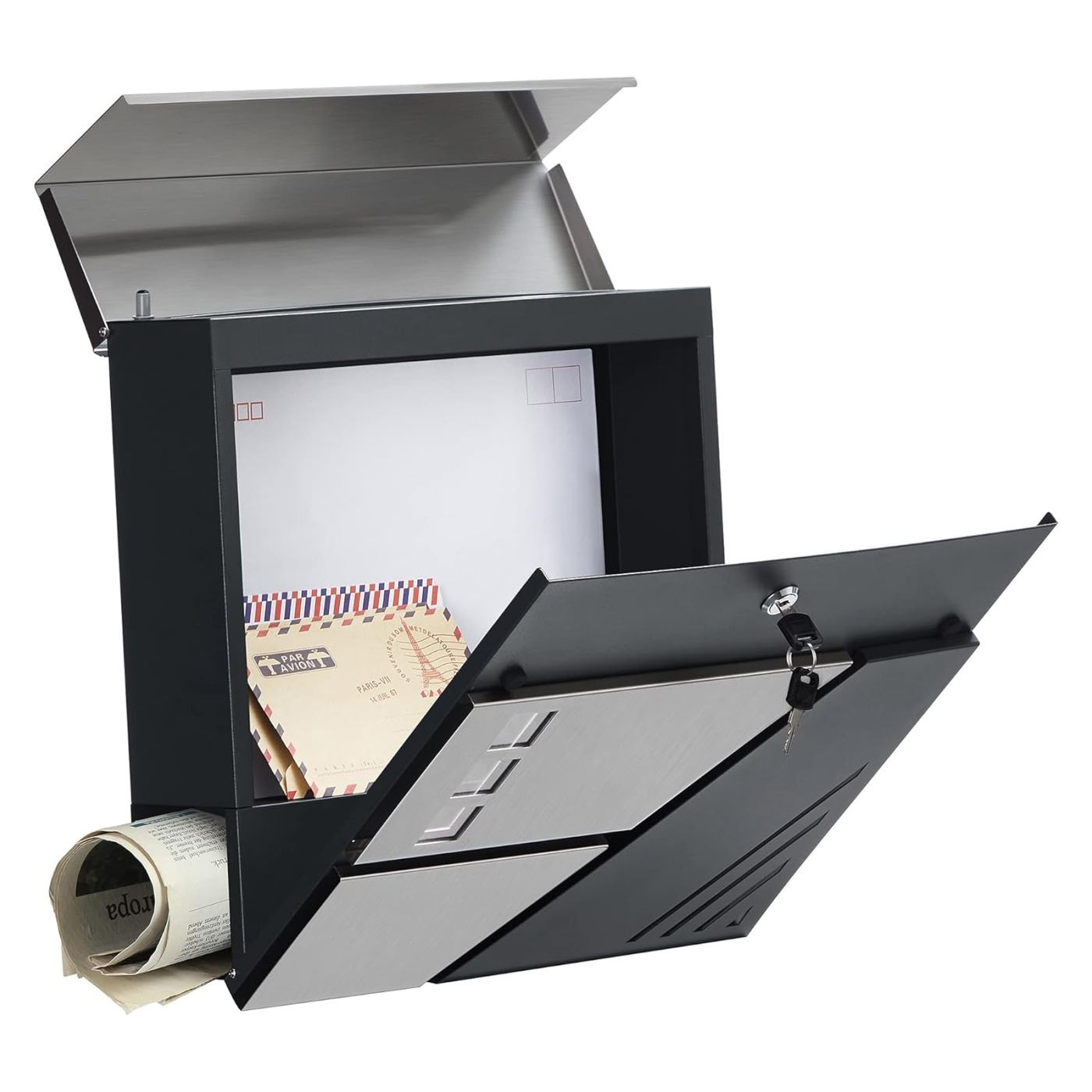 SONGMICS Kültéri postaláda, kerítésre vagy falra szerelhető, acél és rozsdamentes acél, 37x11x37cm, rozsdamentes ezüst és sötéts - 3