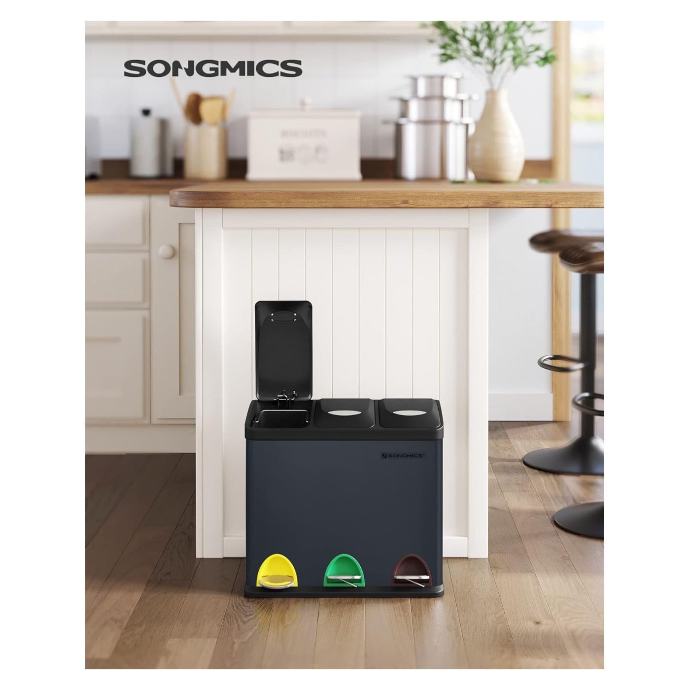 SONGMICS Acél szemetes 3 rekesszel szelektív hulladékgyűjtéshez, belső vödrökkel, 3x8L, fekete - 2