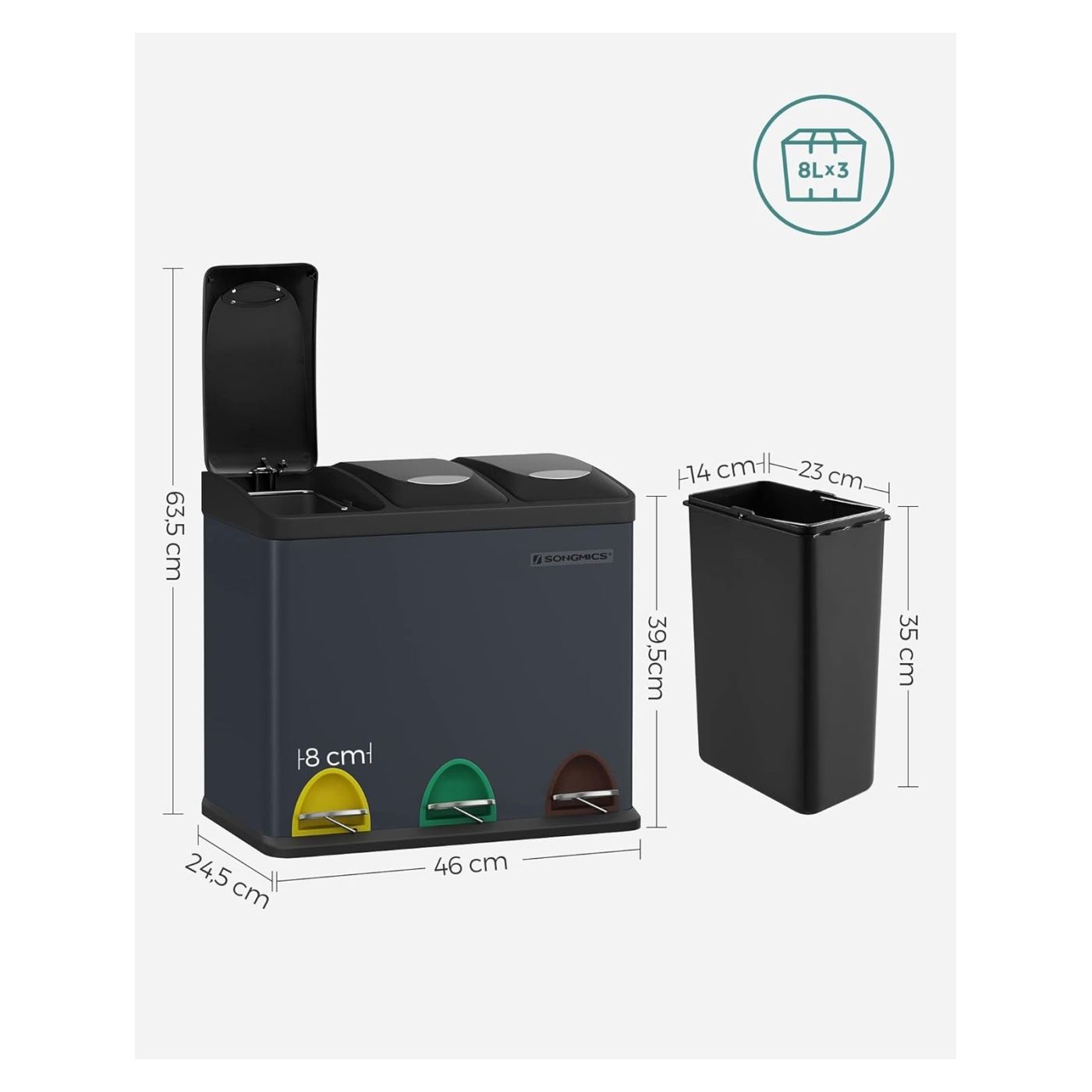 SONGMICS Acél szemetes 3 rekesszel szelektív hulladékgyűjtéshez, belső vödrökkel, 3x8L, fekete - 5