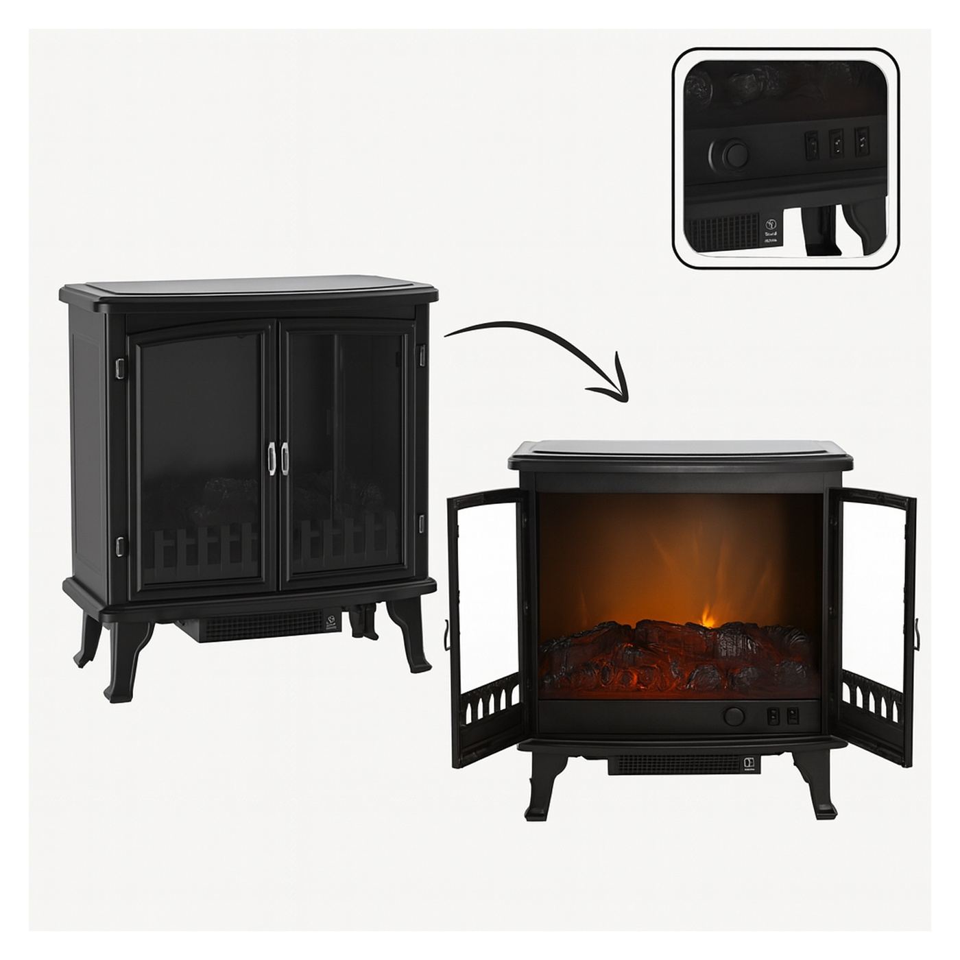Elektromos kandalló lánghatással, 1800W, 2 fűtési fokozat, beépített ventilátor, 63x35x70 cm, fekete - 2