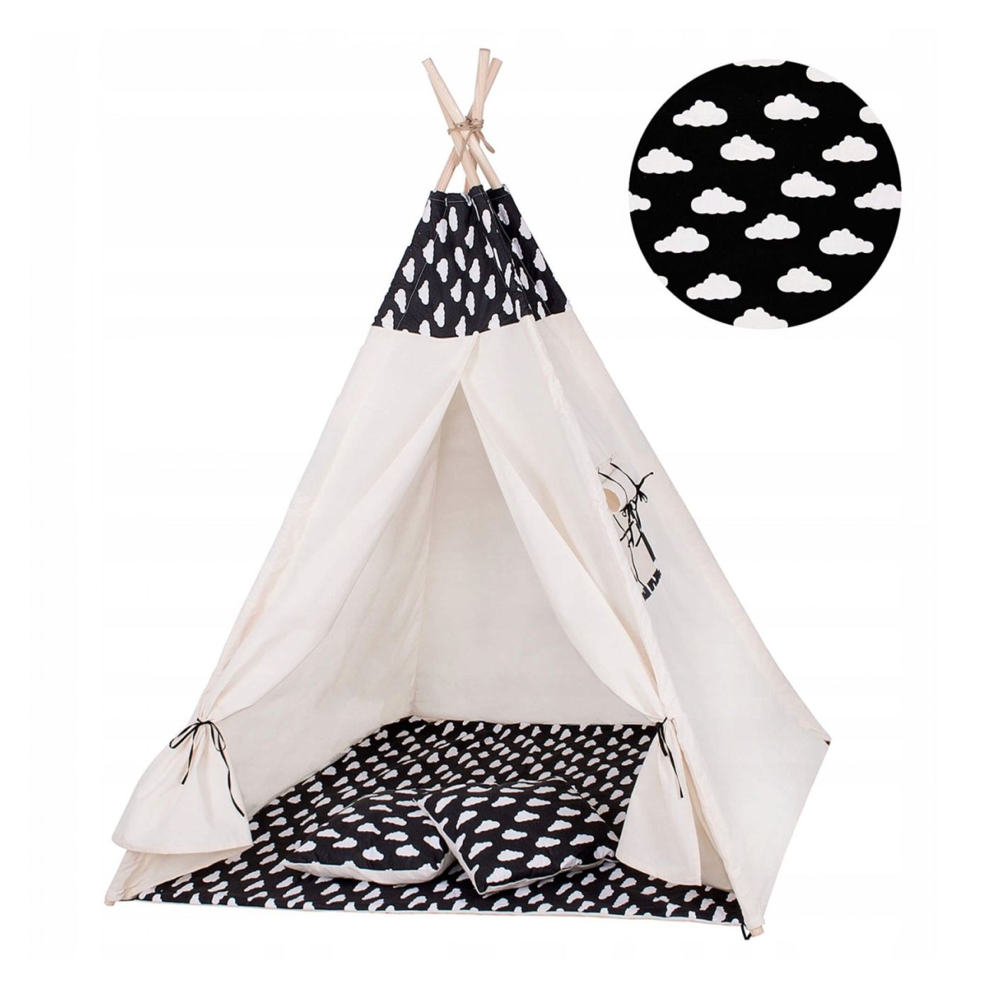 Indián Gyerek Sátor Teepee Sátor Ablakkal, Vastag Matraccal és 2 Párnával, Fekete-fehér Felhőkkel - 2