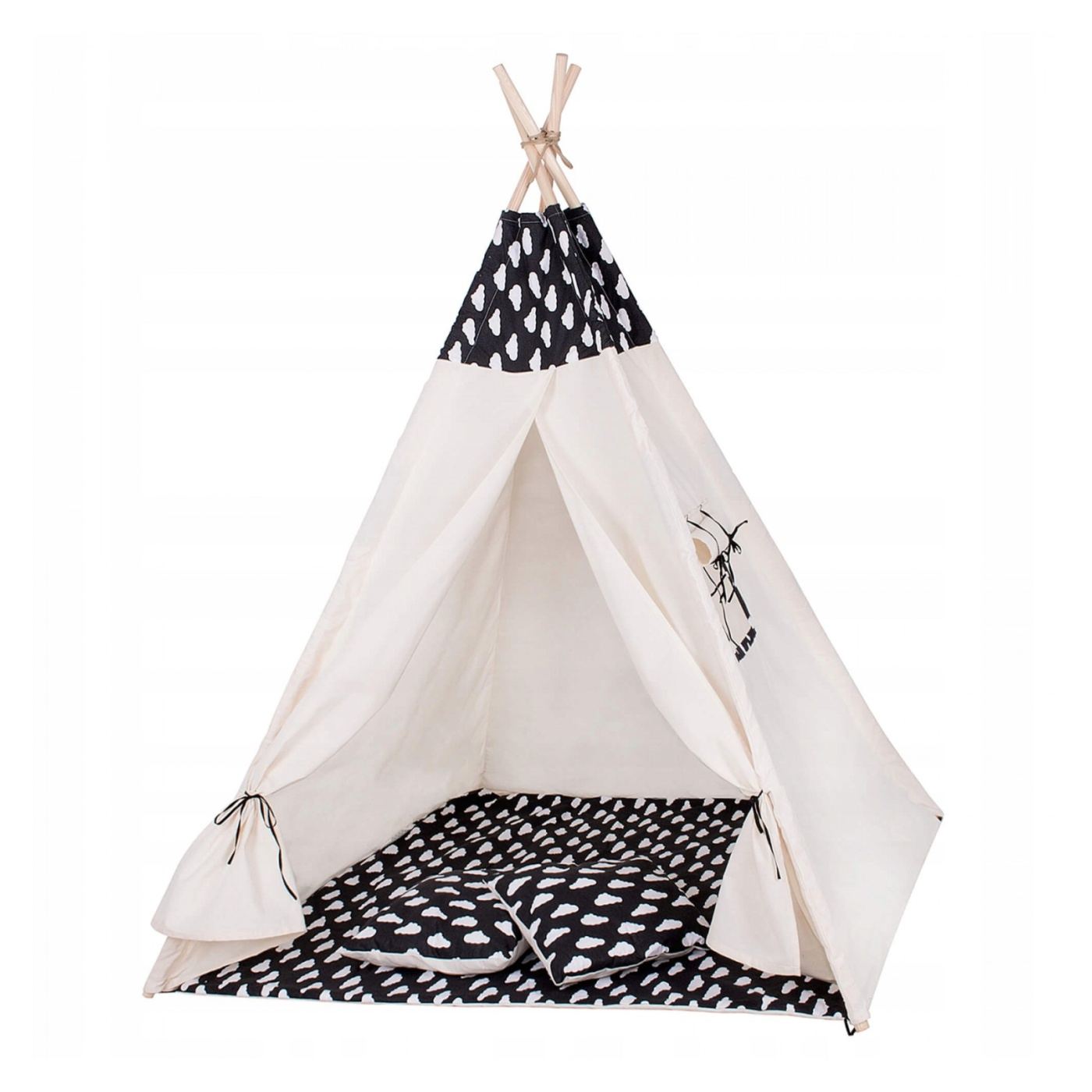 Indián Gyerek Sátor Teepee Sátor Ablakkal, Vastag Matraccal és 2 Párnával, Fekete-fehér Felhőkkel - 3