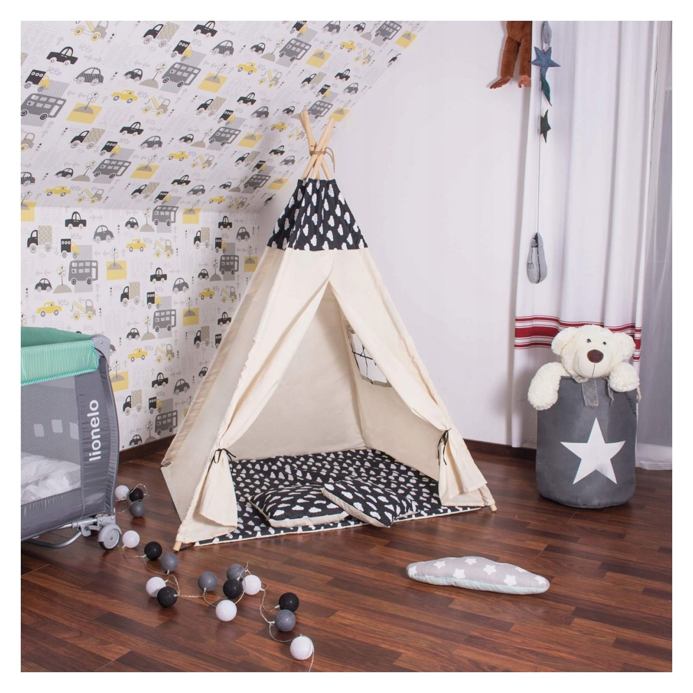 Indián Gyerek Sátor Teepee Sátor Ablakkal, Vastag Matraccal és 2 Párnával, Fekete-fehér Felhőkkel - 4