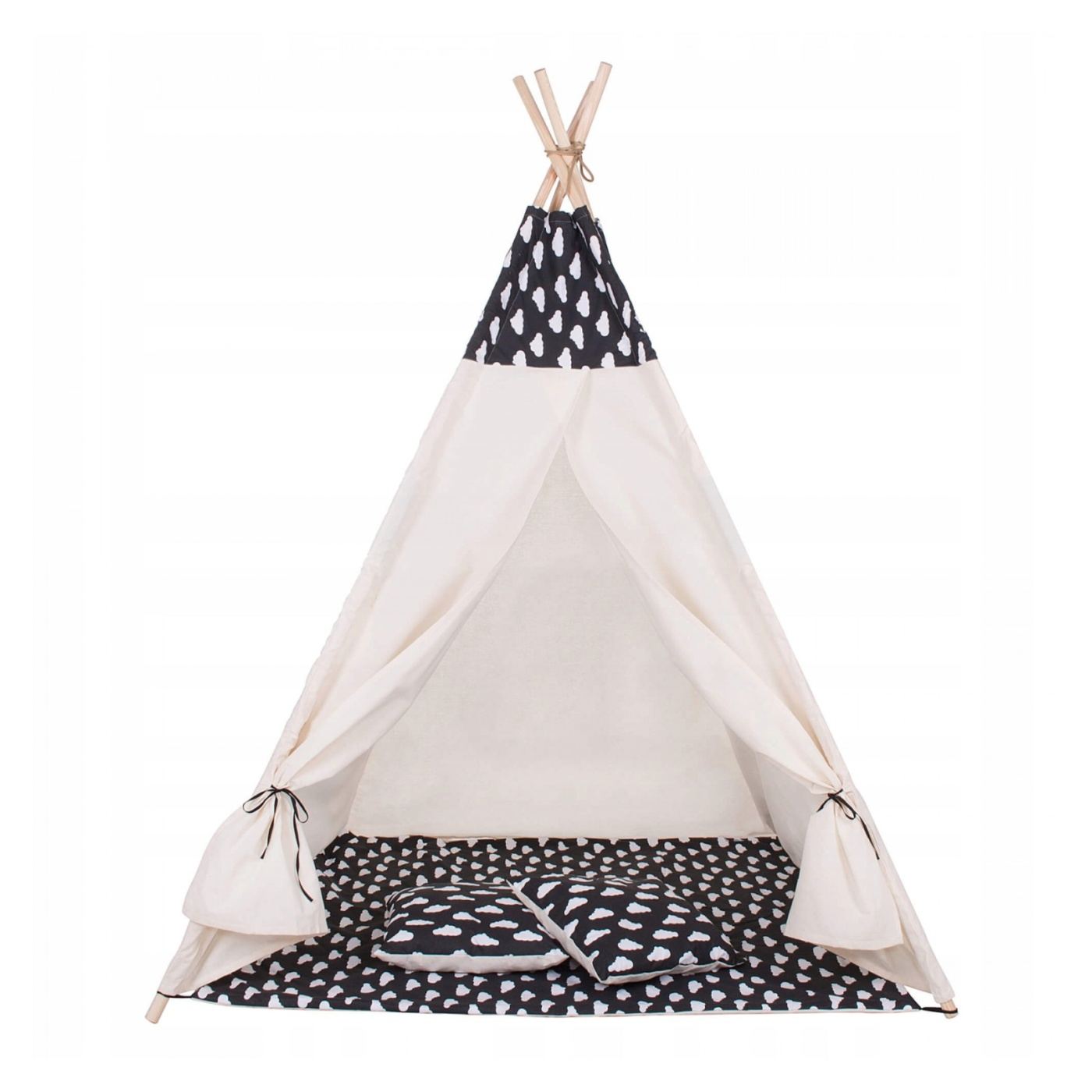 Indián Gyerek Sátor Teepee Sátor Ablakkal, Vastag Matraccal és 2 Párnával, Fekete-fehér Felhőkkel - 11