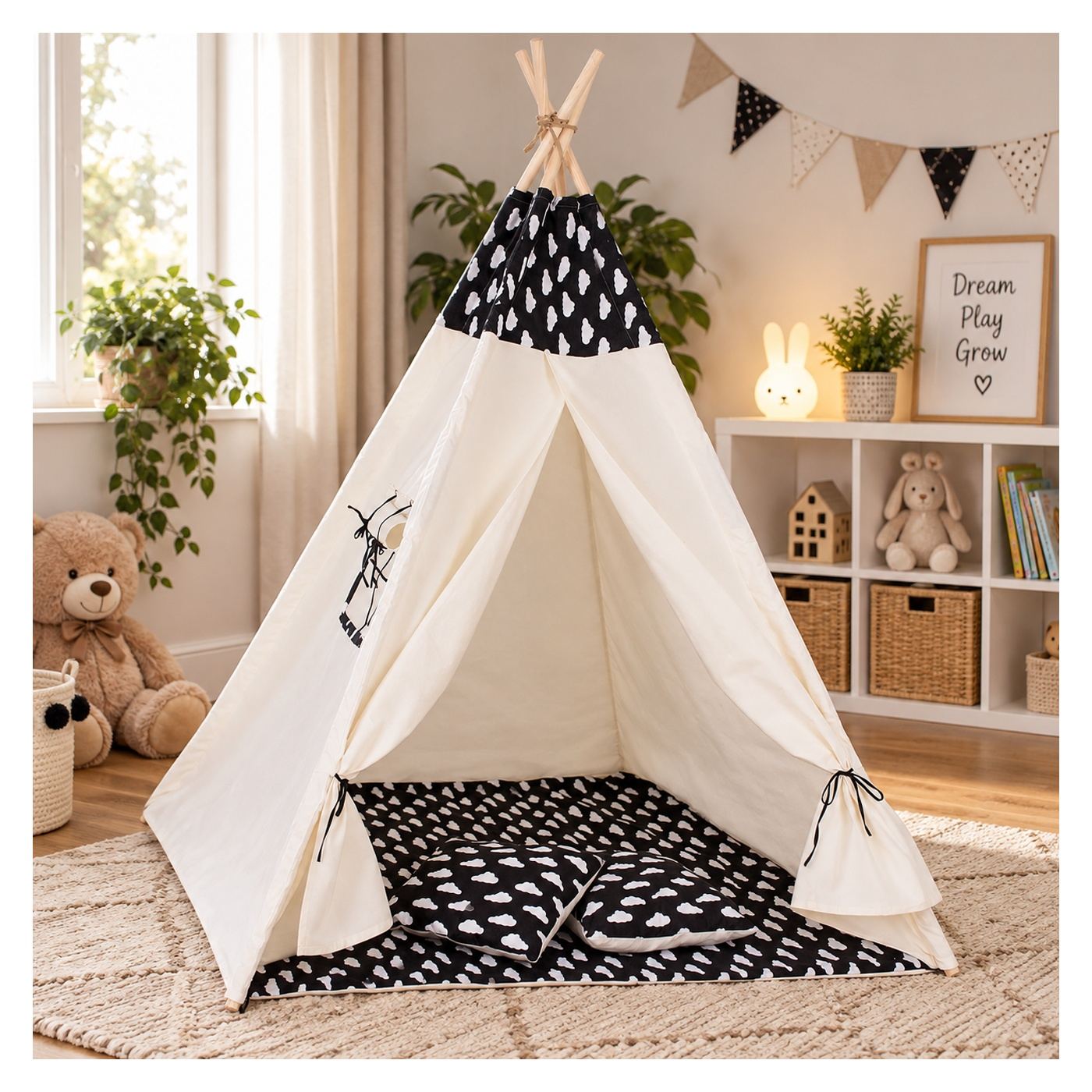 Indián Gyerek Sátor Teepee Sátor Ablakkal, Vastag Matraccal és 2 Párnával, Fekete-fehér Felhőkkel - 13