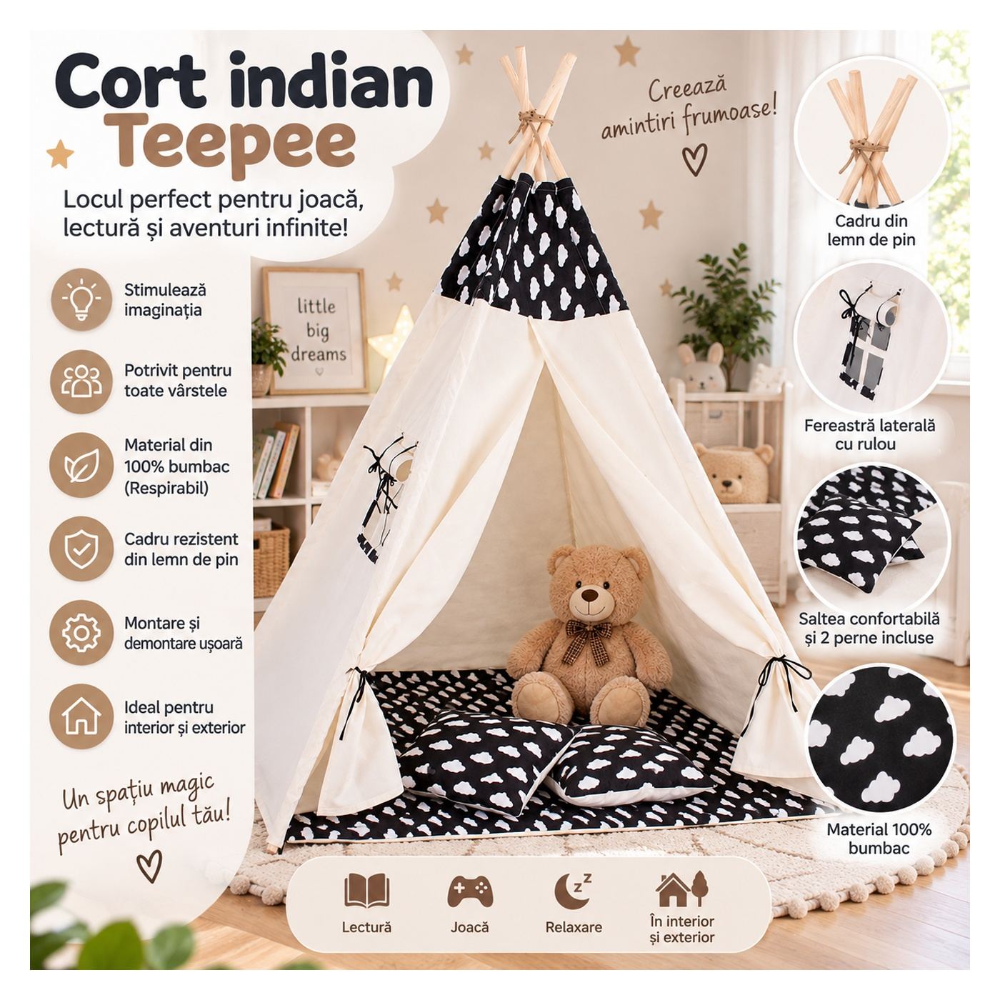 Indián Gyerek Sátor Teepee Sátor Ablakkal, Vastag Matraccal és 2 Párnával, Fekete-fehér Felhőkkel - 14