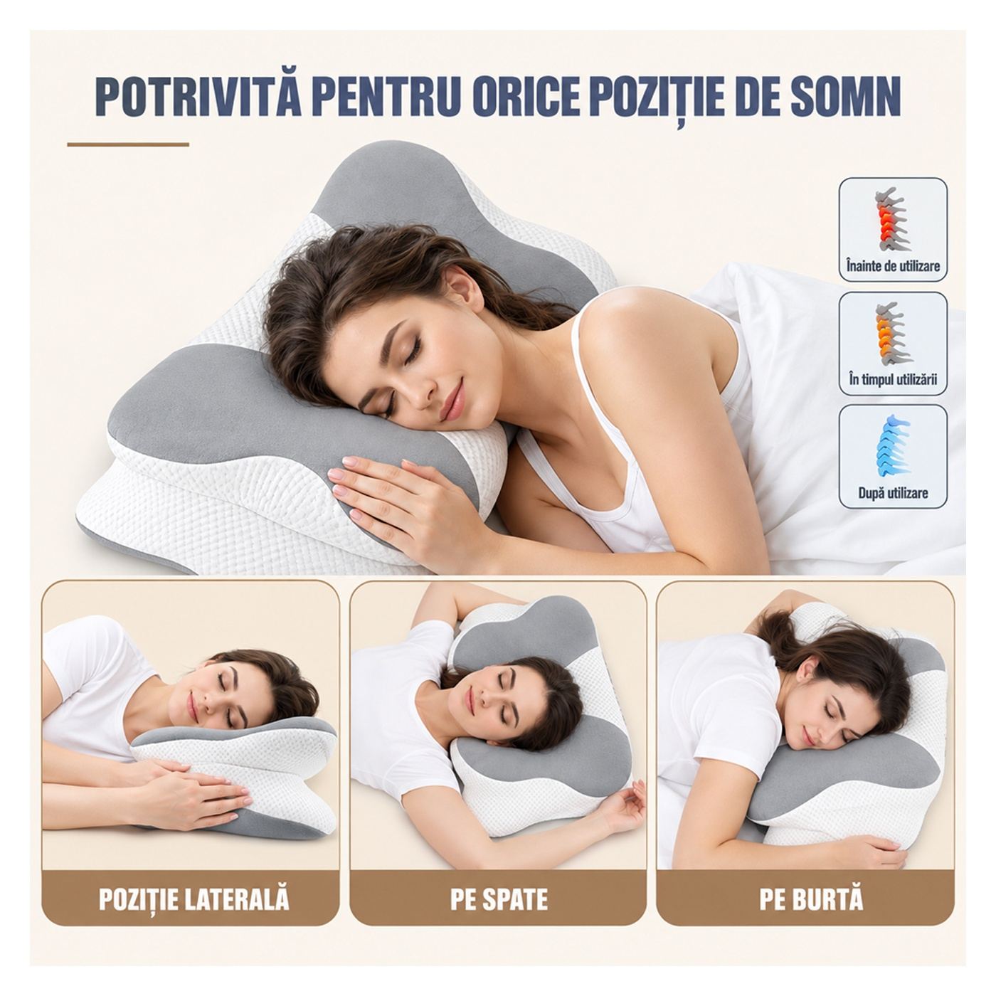 2 db Linomag® nyaki ortopéd alvópárna, memóriahab, mosható huzat, fej, nyak, váll és kar támogatás, fehér/világosszürke, 40 x 65 - 5
