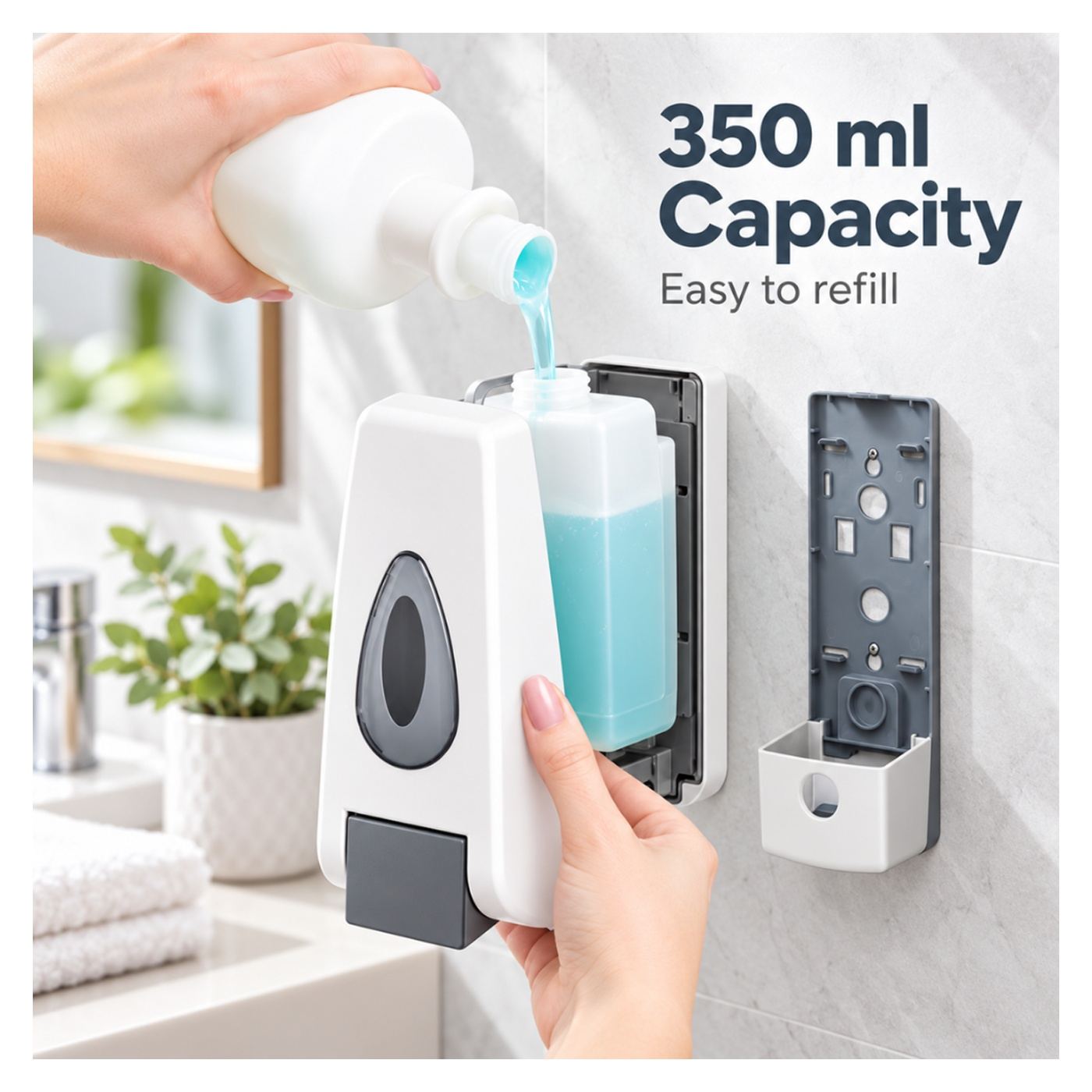 Alista Home® Folyékony szappanadagoló 350 ml, manuális pumpás, falra szerelhető, fehér - 4