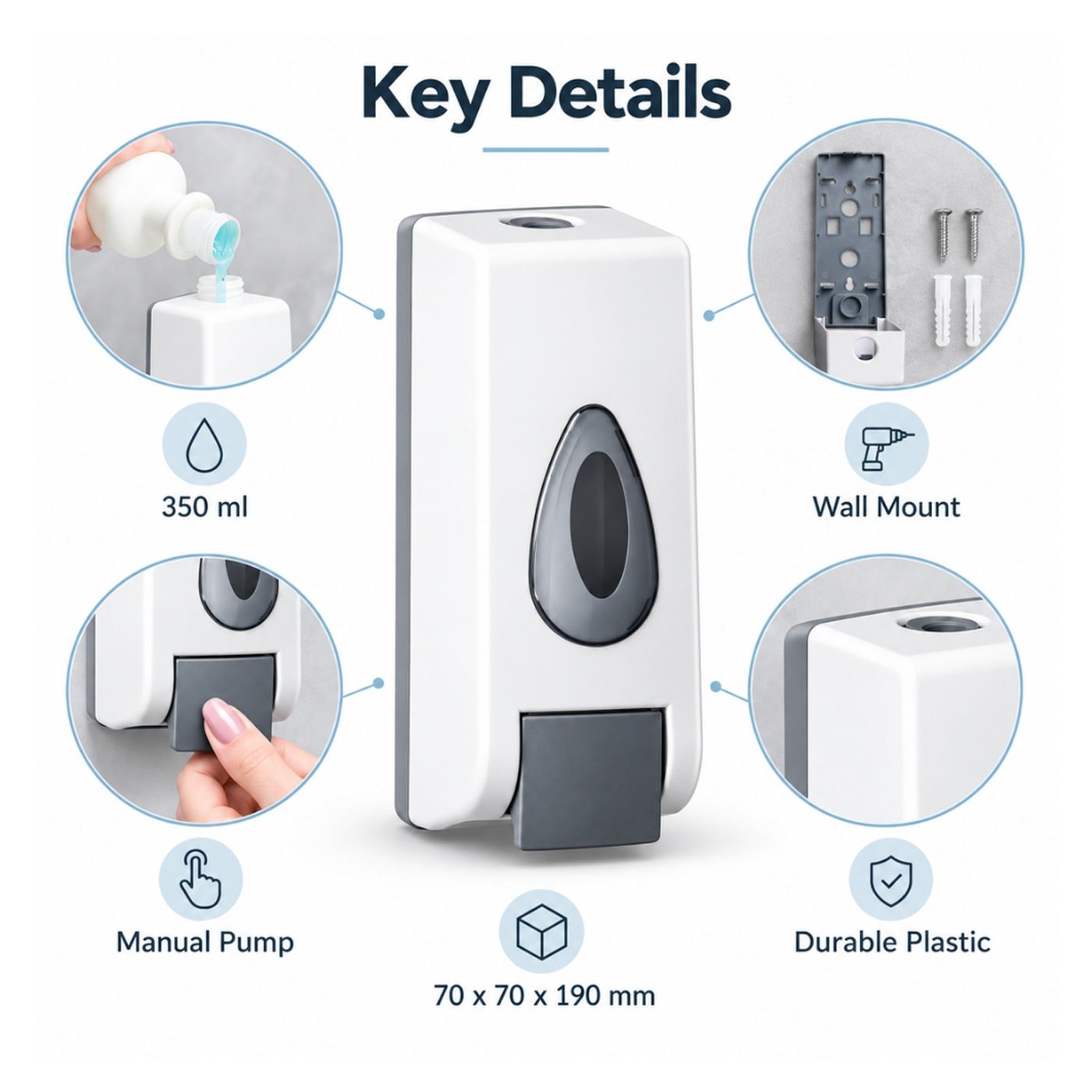 Alista Home® Folyékony szappanadagoló 350 ml, manuális pumpás, falra szerelhető, fehér - 5
