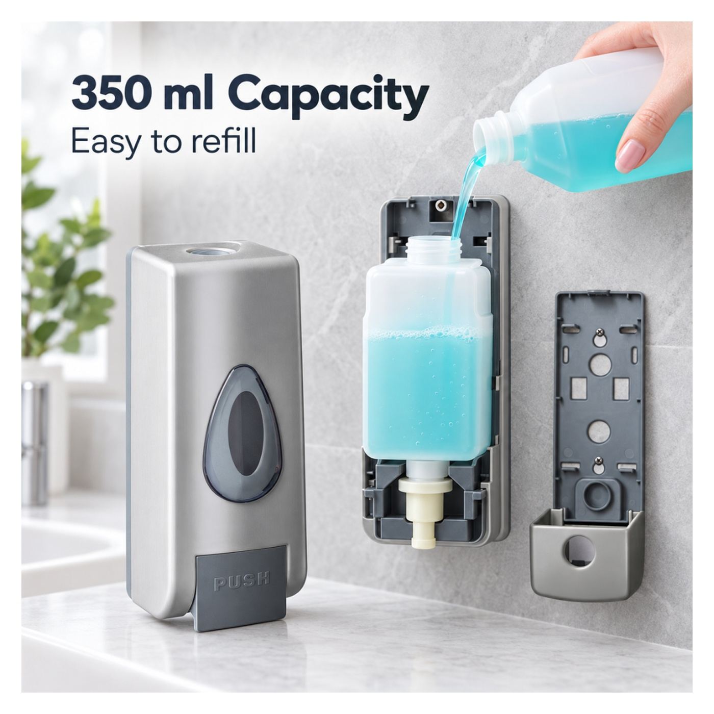 Alista Home® Folyékony szappanadagoló 350 ml, manuális pumpa, falra szerelhető, ezüst - 2