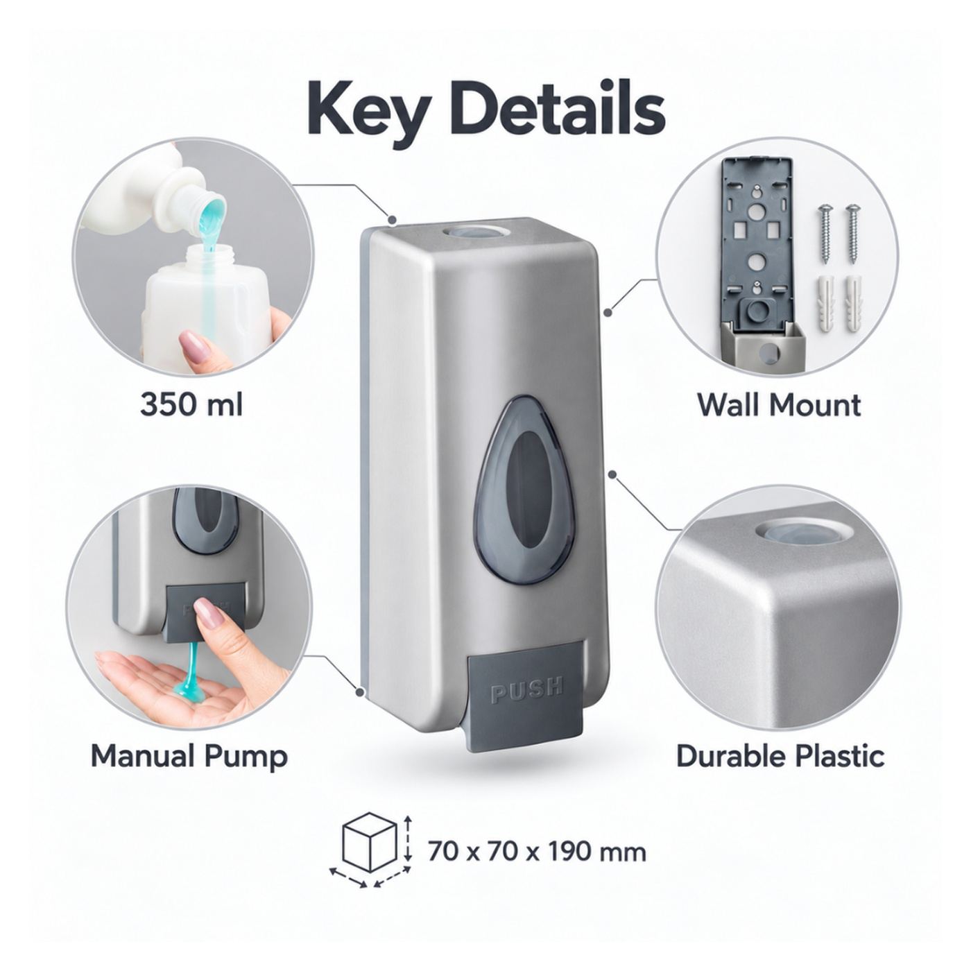 Alista Home® Folyékony szappanadagoló 350 ml, manuális pumpa, falra szerelhető, ezüst - 5