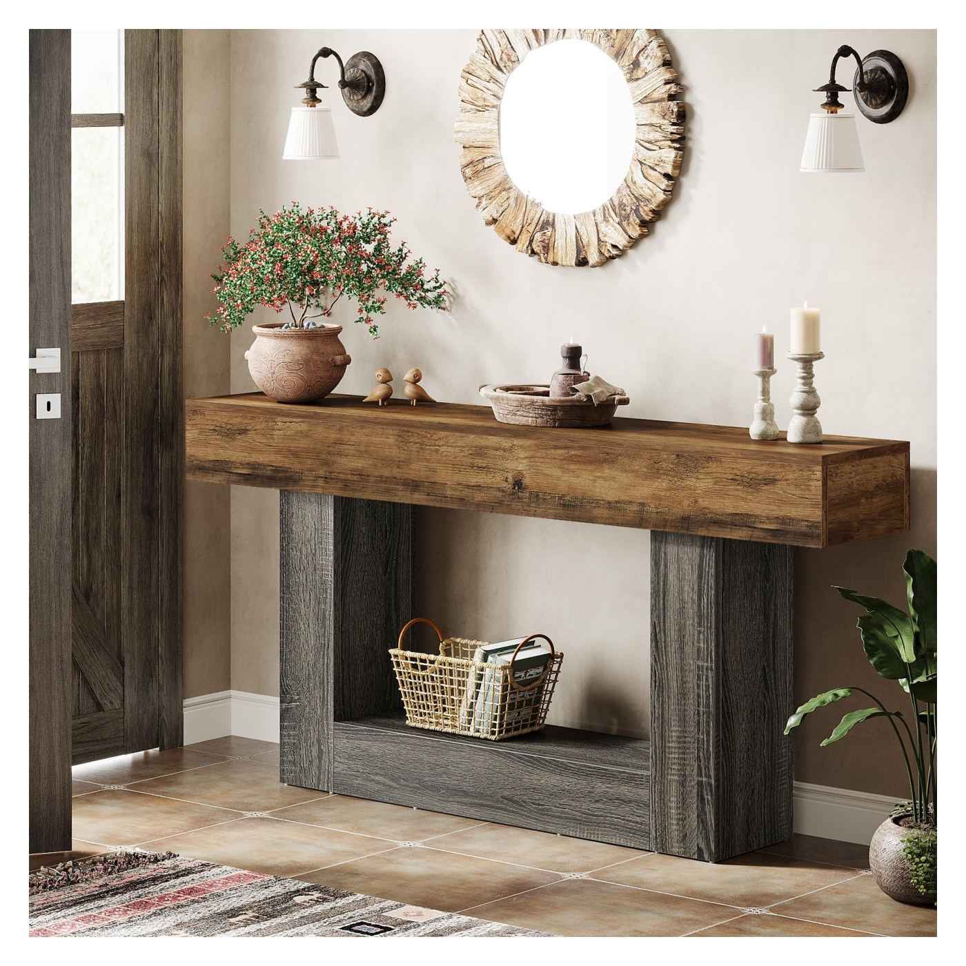 Előszoba/Nappali Konzol Asztal, Blackswan Design Farmhouse M9, Barna és Fekete Fa, 160x30x80 cm - 2