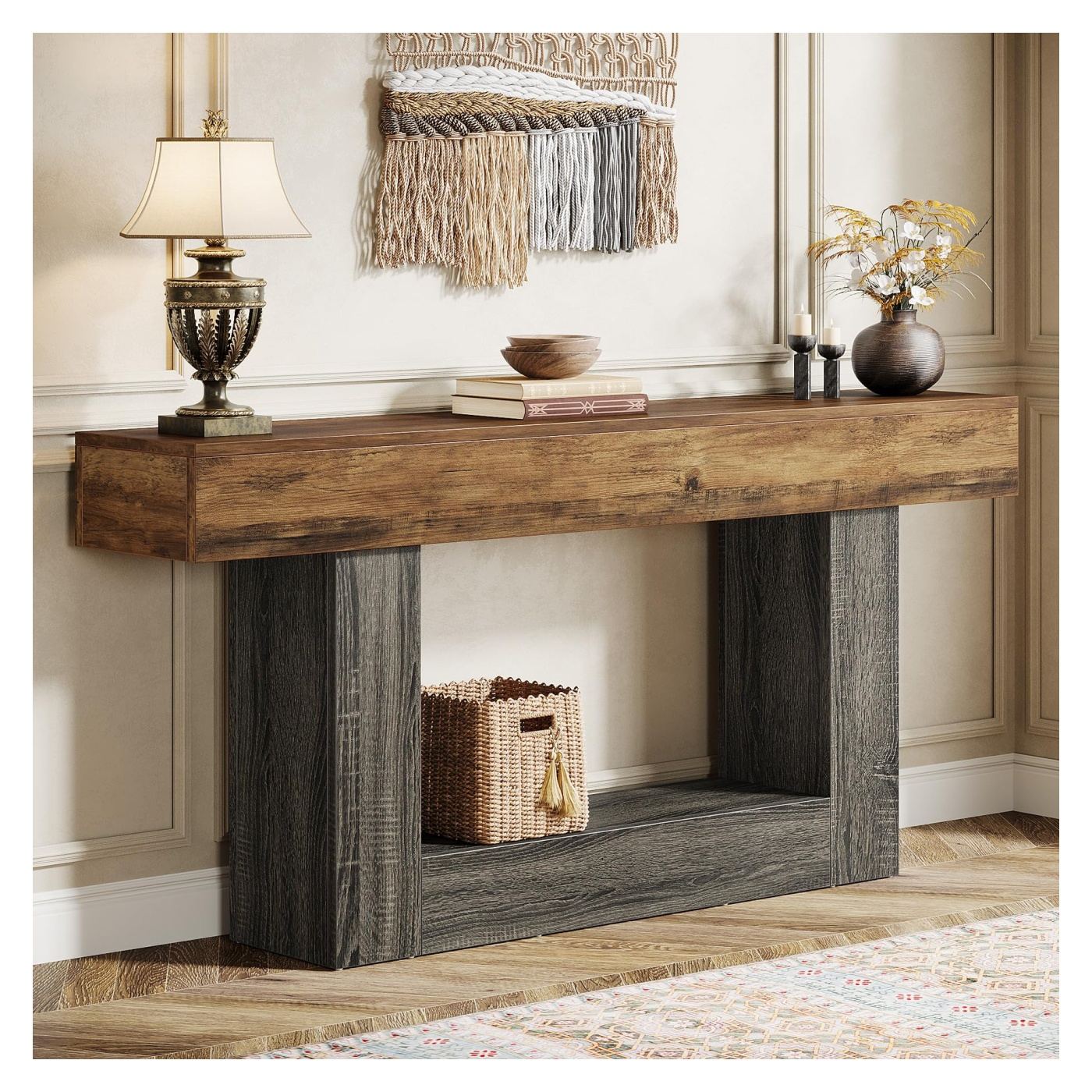 Előszoba/Nappali Konzol Asztal, Blackswan Design Farmhouse M9, Barna és Fekete Fa, 160x30x80 cm - 5