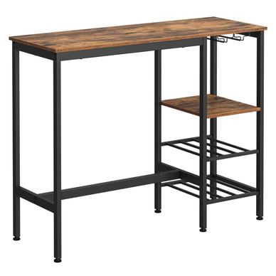 Masă înaltă de bar, cu suport pentru sticle și pahare de vin, 110x40x90cm, maro rustic și negru